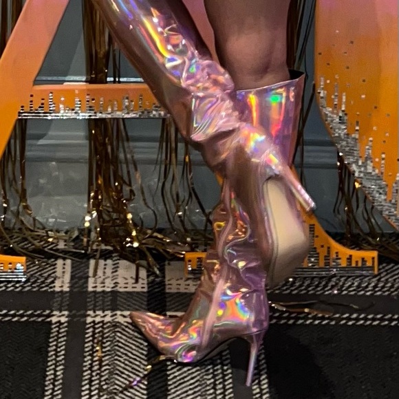 Pink Metallic Knee High Stiletto Boots - Picture 6 of 7